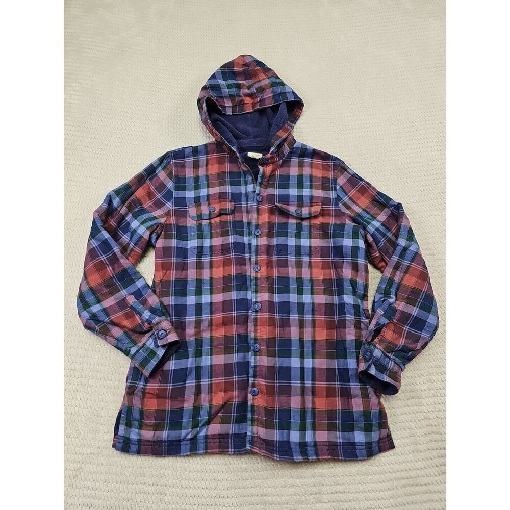 LL Bean Shirt Womens Medium Fleece Lined Hooded Button Up Plaid Pockets
